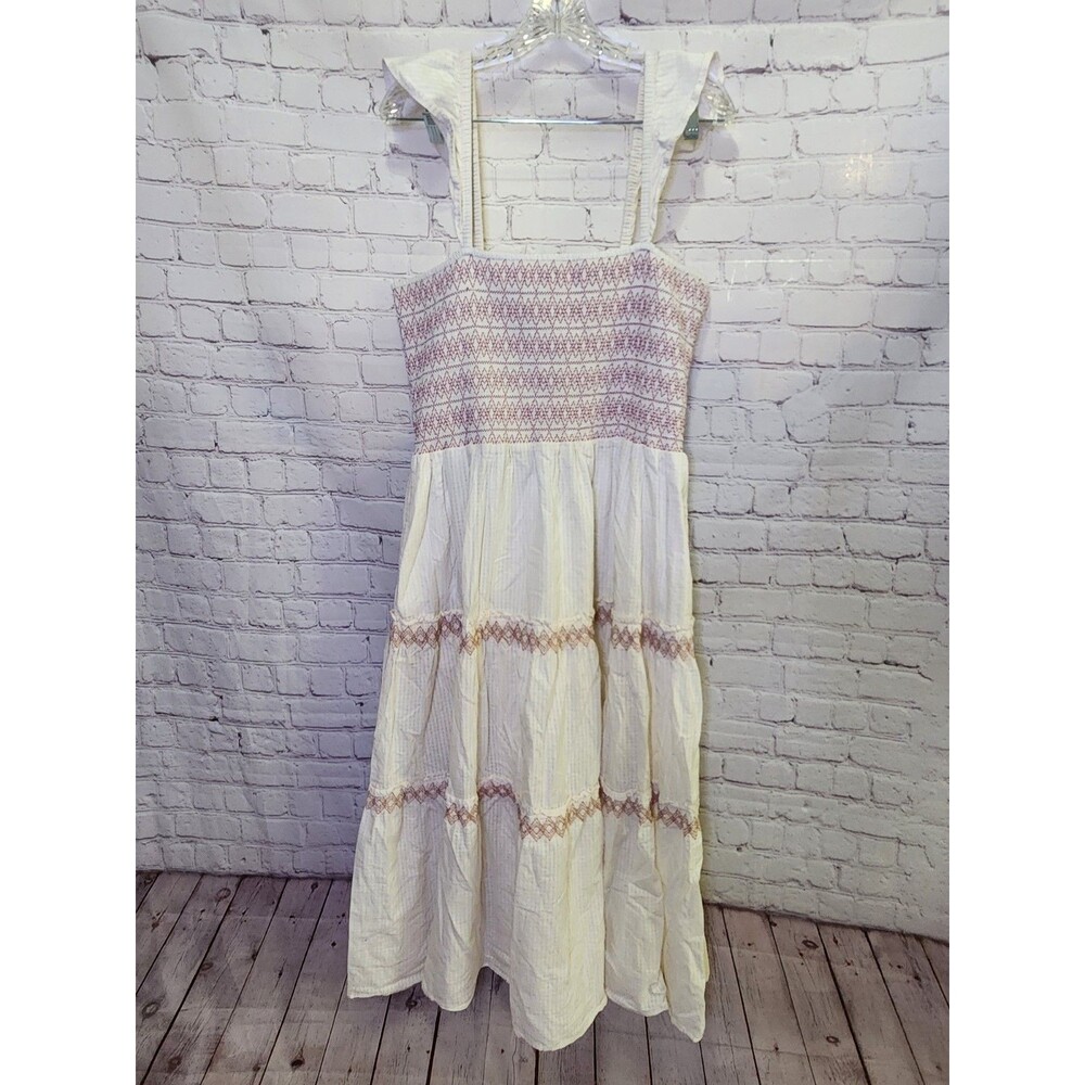 Madewell Lucie Smocked Tiered Midi Maxi Dress XL White Red Embroidery